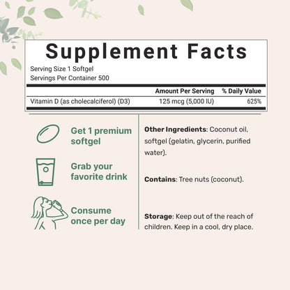 Frasco Micro Ingredients vitamina D3 5000 IU 500 cápsulas