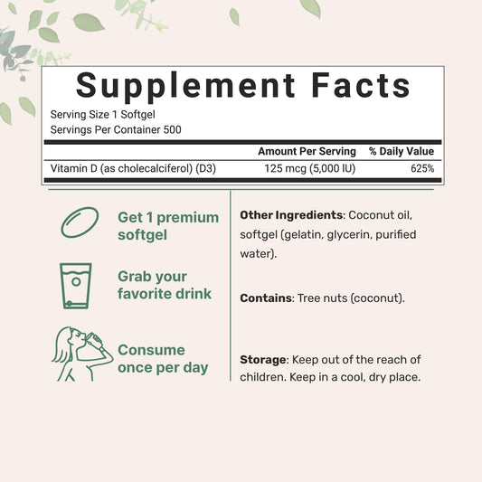 Frasco Micro Ingredients vitamina D3 5000 IU 500 cápsulas