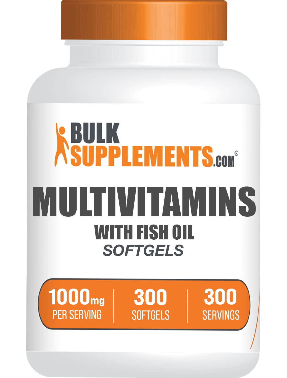 Frasco de multivitaminas BulkSupplements de 300 unidades con aceite de pescado