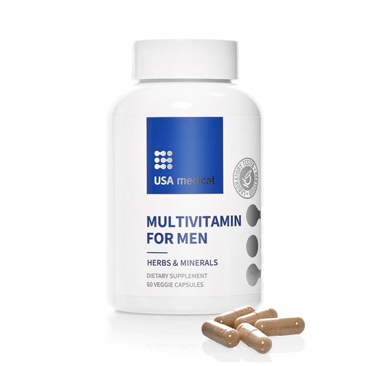 Frasco de multivitaminas para hombres de USA Medical con 60 cápsulas para energía y salud prostática