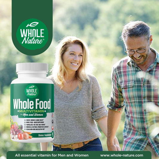 Frasco de multivitaminas con ingredientes naturales y vitamina C liposomal.