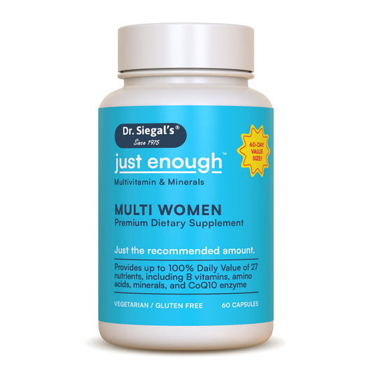 Frasco de multivitaminas Just Enough de Dr. Siegal para mujeres.