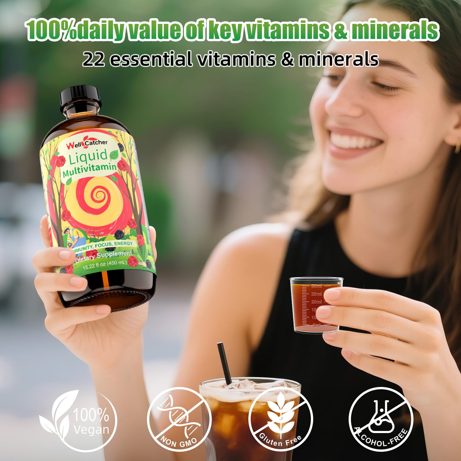 Frasco multivitaminas líquidas para toda la familia Wellcatcher