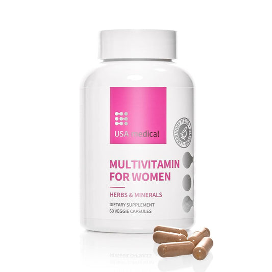 Frasco de multivitaminas para mujeres de USA Medical con 60 cápsulas para energía y hormonas