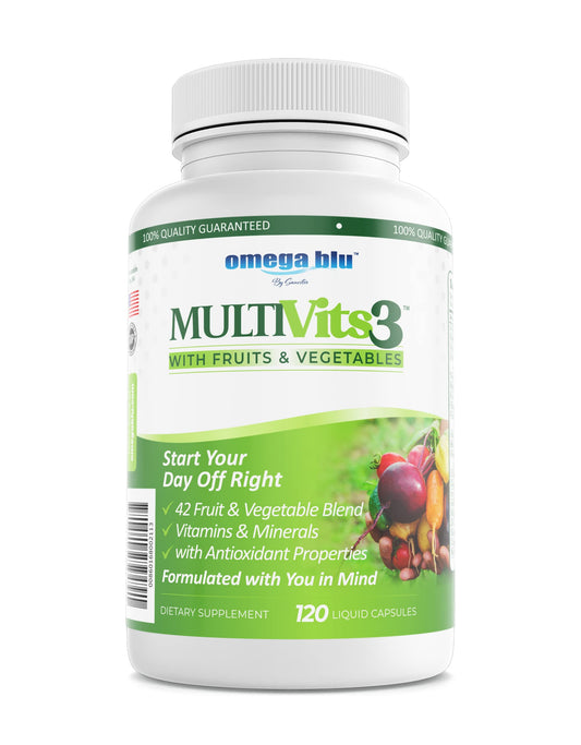 Frasco de multivitaminas OMEGA BLU con 70+ ingredientes