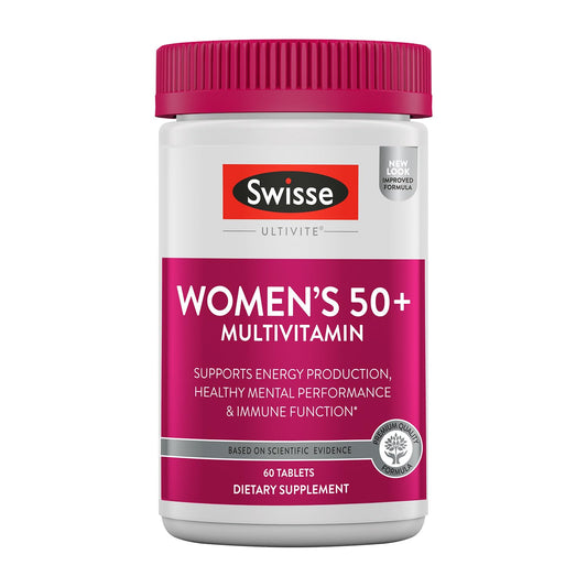 Frasco de multivitaminas Swisse para mujeres de 50 años