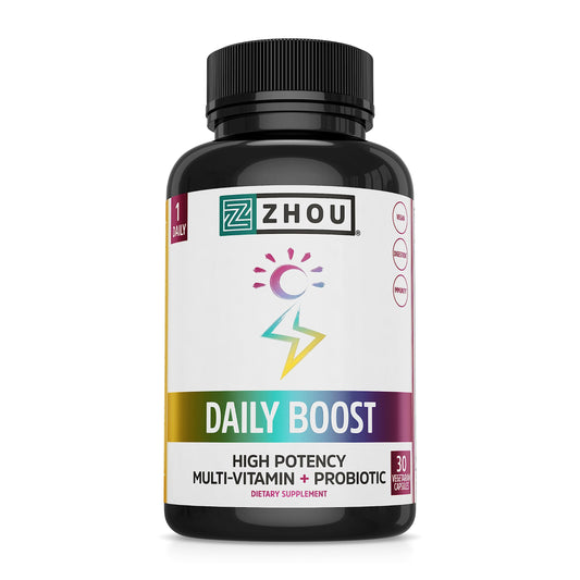 Frasco de multivitaminas Zhou Daily Boost vegano con probiótico