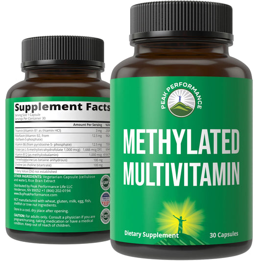 Frasco de multivitamínico metilado y complejo B con etiqueta de vitaminas activas.