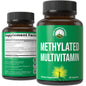 Frasco de multivitamínico metilado y complejo B con etiqueta de vitaminas activas.