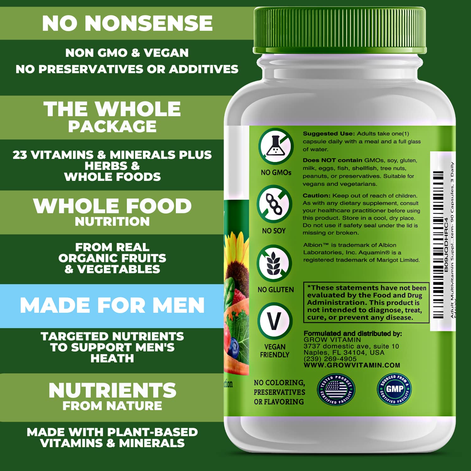 Frasco de multivitamínico Grow de 90 cápsulas para hombres.
