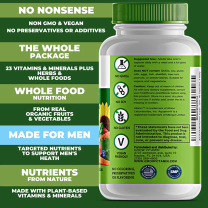 Frasco de multivitamínico Grow de 90 cápsulas para hombres.