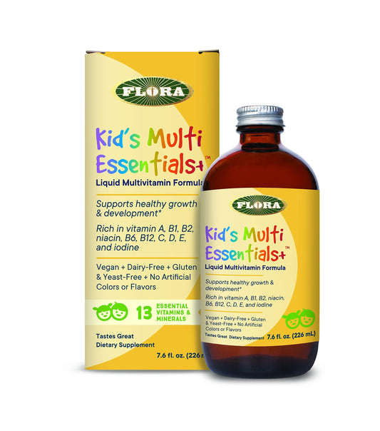 Frasco y caja del multivitamínico infantil Flora en fondo blanco