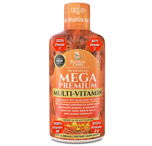 Frasco de multivitamínico líquido Mega Premium de Tropical Oasis