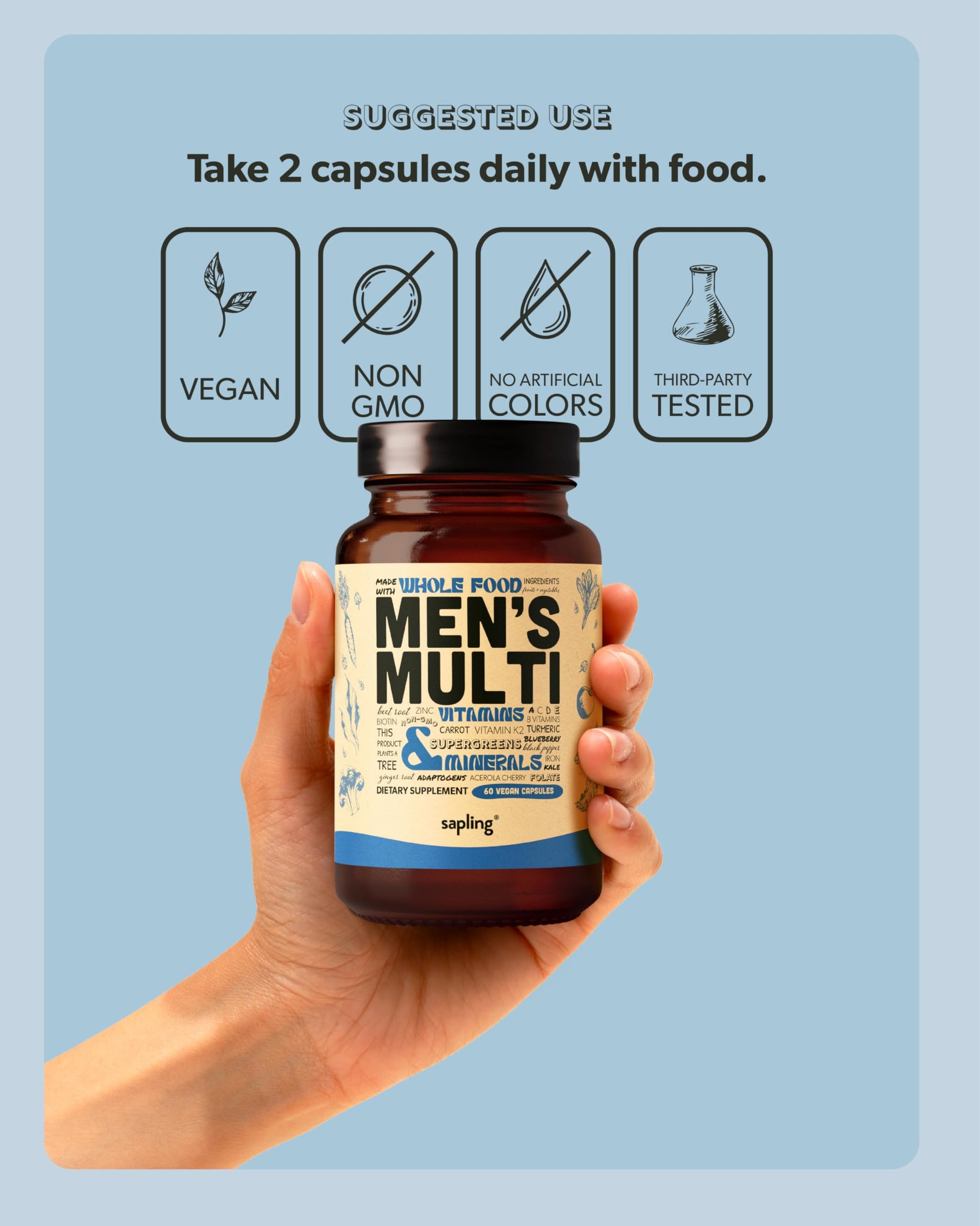 Frasco de multivitamínico, mano sosteniendo multivitamínico sapling.