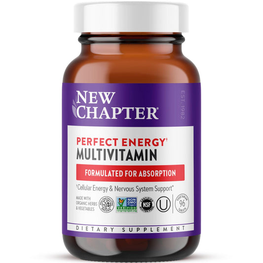 Frasco de multivitamínico New Chapter Perfect Energy en fondo blanco