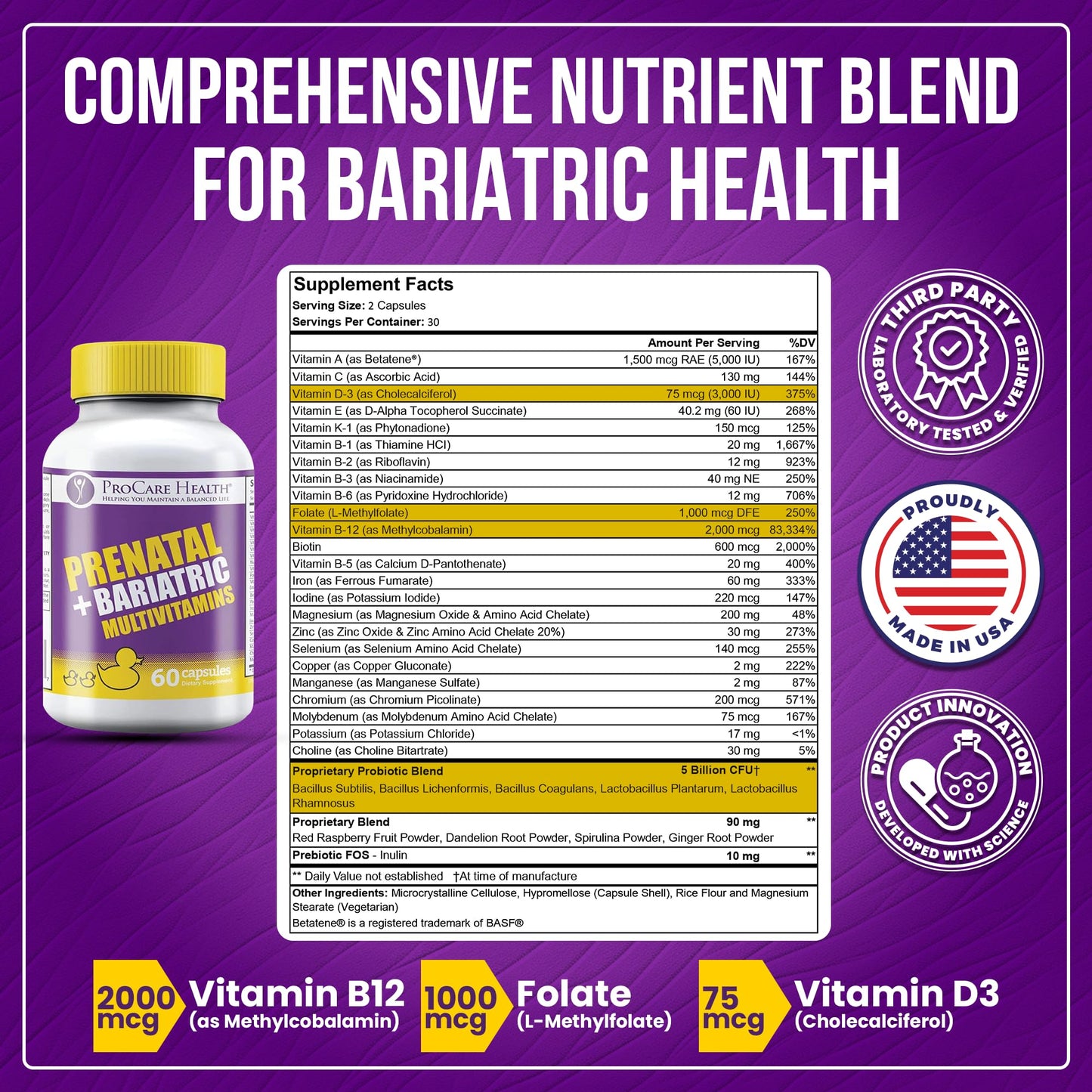 Frasco del multivitamínico prenatal bariátrico Procare Health 60 cápsulas