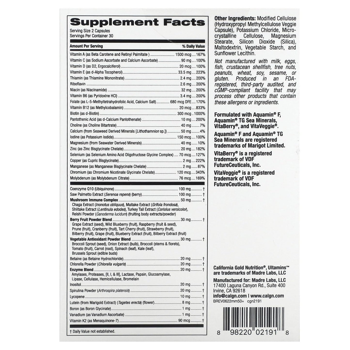 Frasco del multivitamínico Ultamins hombres 50+ California Gold Nutrition