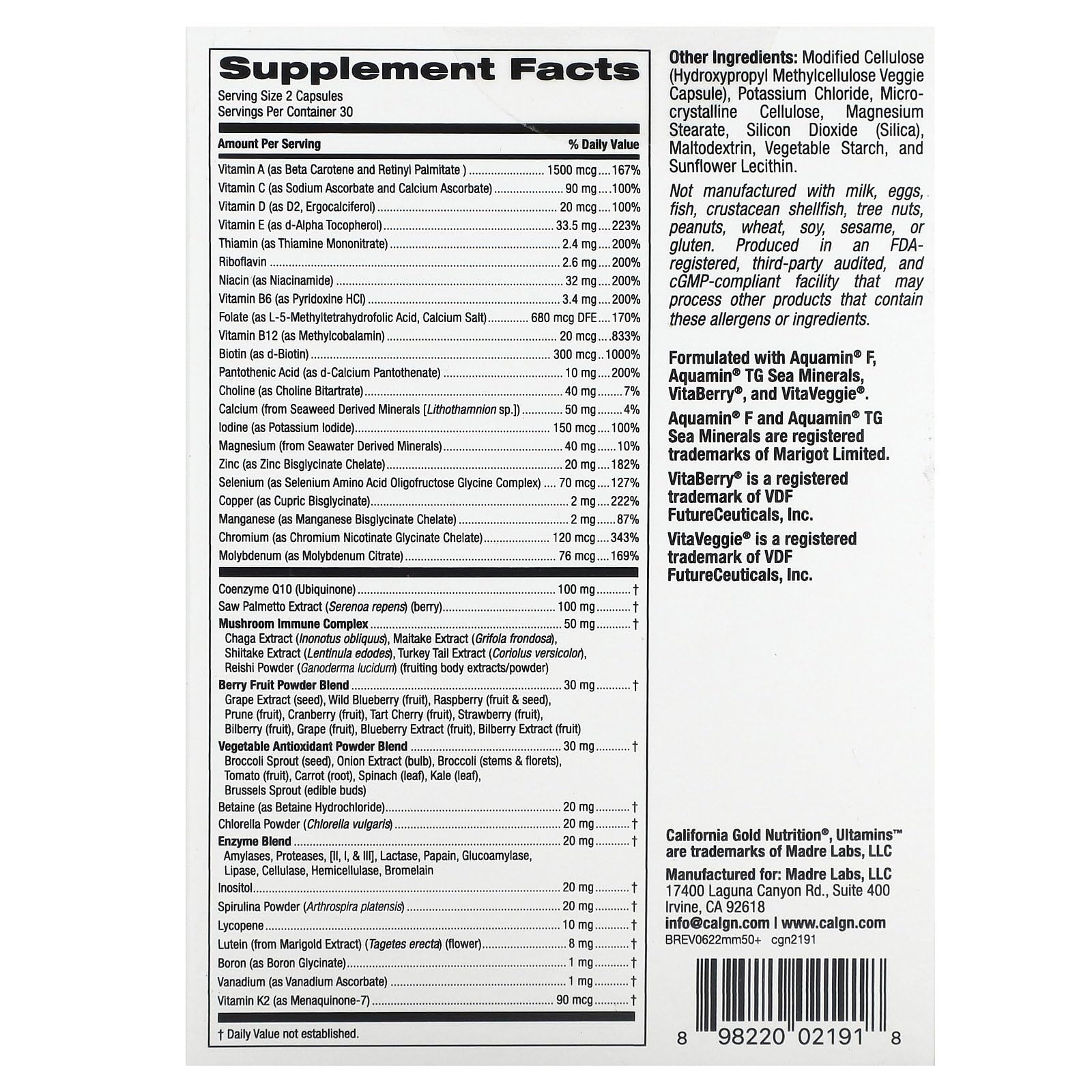 Frasco del multivitamínico Ultamins hombres 50+ California Gold Nutrition