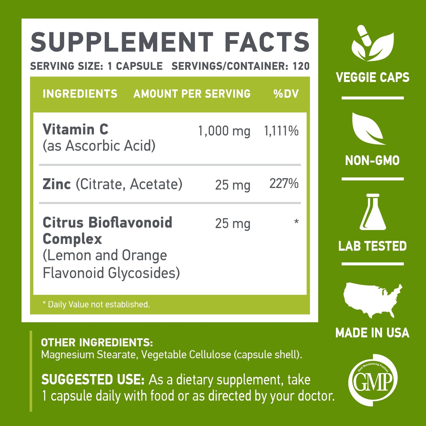 Frasco MUSCLE FOOD LABS suplemento Vitamina C Zinc vista frontal