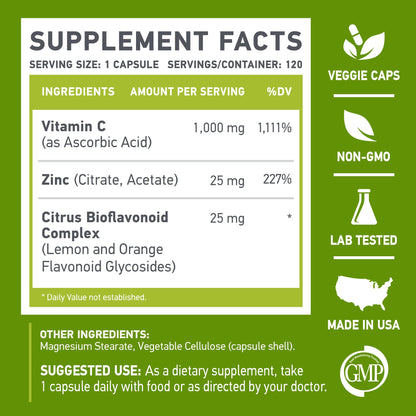 Frasco MUSCLE FOOD LABS suplemento Vitamina C Zinc vista frontal