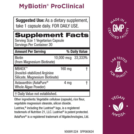 Frasco de MyBiotin ProClinical para salud de piel y cabello