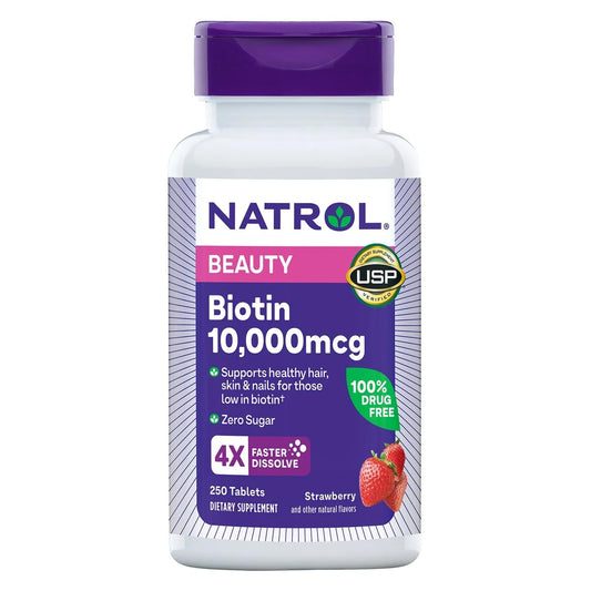 Frasco de Natrol Biotina 10000 mcg sabor fresa 250 tabletas