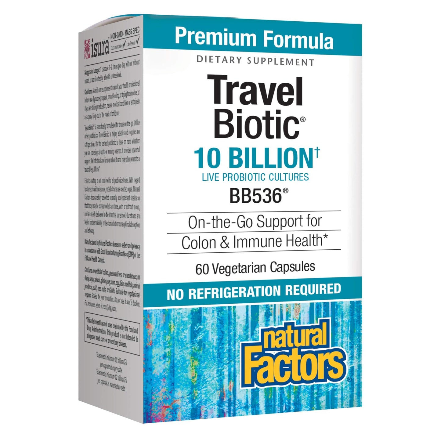 Frasco Natural Factors TravelBiotic probiótico vegano 60 cápsulas