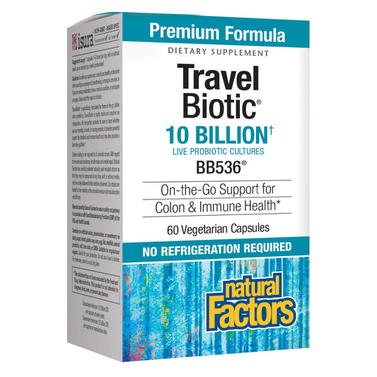 Frasco Natural Factors TravelBiotic probiótico vegano 60 cápsulas
