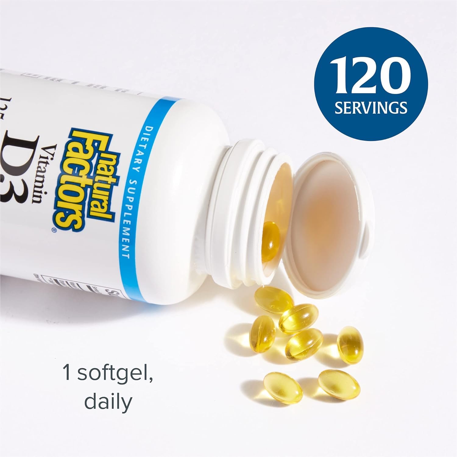 Frasco Natural Factors vitamina D3 5000 UI para huesos
