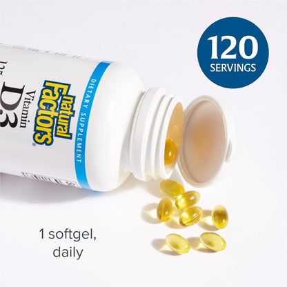 Frasco Natural Factors vitamina D3 5000 UI para huesos