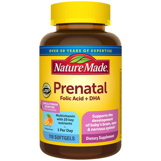 Frasco de Nature Made Prenatal con ácido fólico y DHA 110 cápsulas