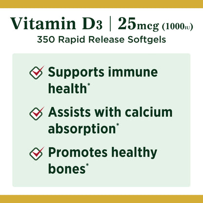 Frasco Nature's Bounty Vitamina D3 1000 IU 350 cápsulas blandas