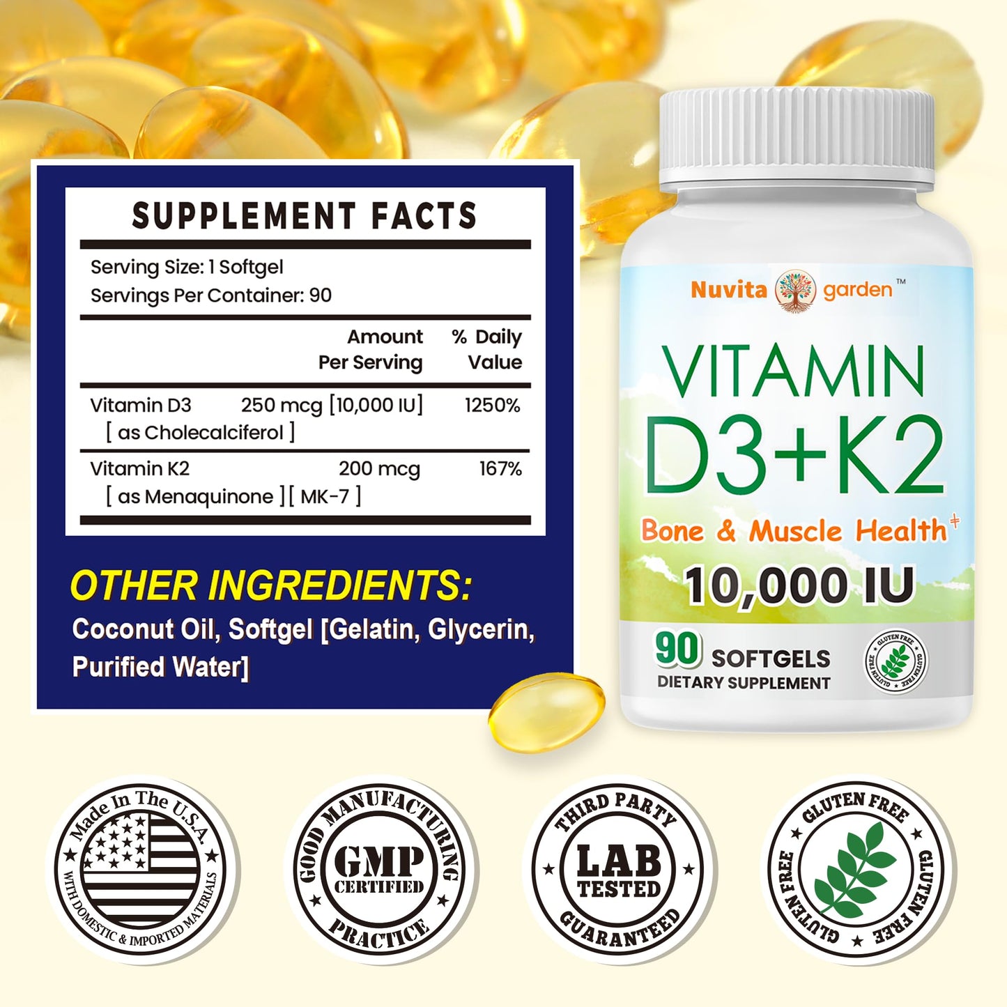 Frasco NoMiLu de vitamina d3 10000 ui y k2 para inmunidad