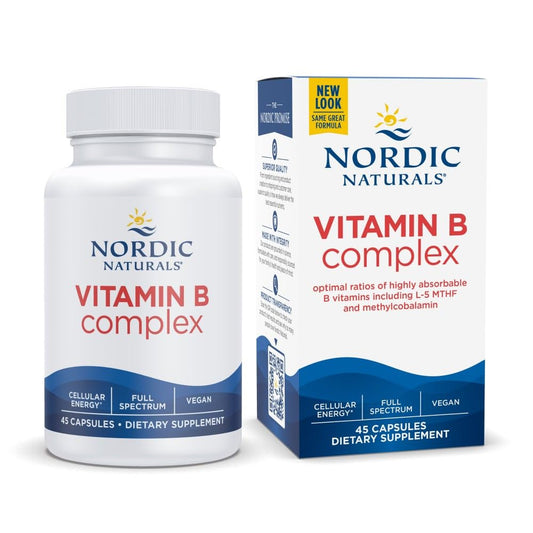 Frasco Nordic Naturals complejo vitamina B 45 cápsulas veganas