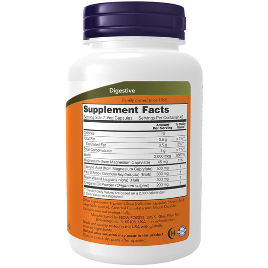 Frasco suplemento NOW Bacillus con Nogal Negro y Aceite de Orégano