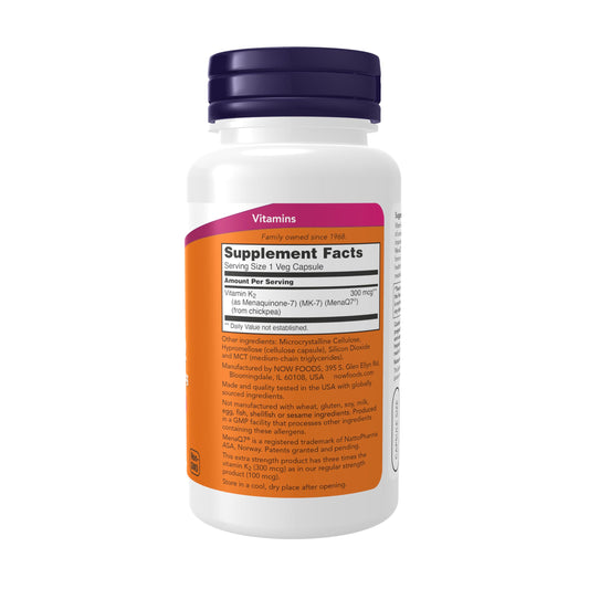 Frasco NOW Foods con 120 cápsulas veganas vitamina K-2 MK-7