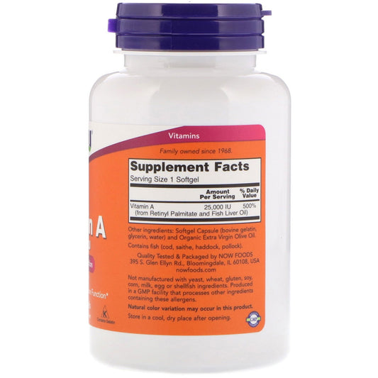 Frasco Now Foods Vitamina A aceite hígado pescado 500 cápsulas