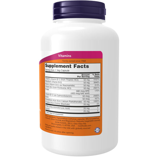Frasco NOW Foods vitamina B-50 250 cápsulas veganas