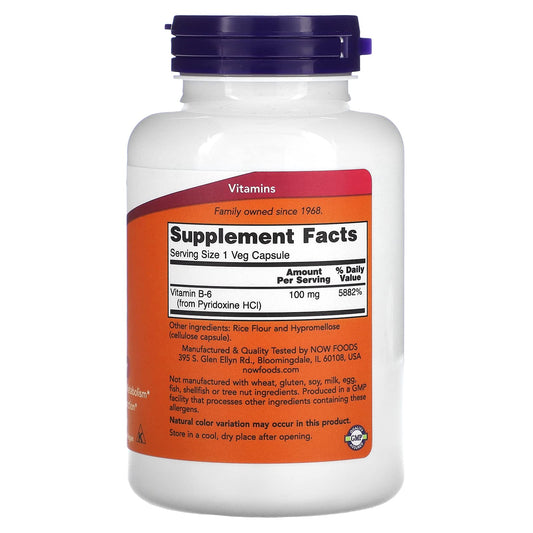 Frasco Now Foods vitamina B-6 cápsulas vegetales
