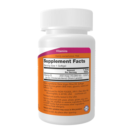 Frasco NOW Foods vitamina D-3 soporte huesos e inmune