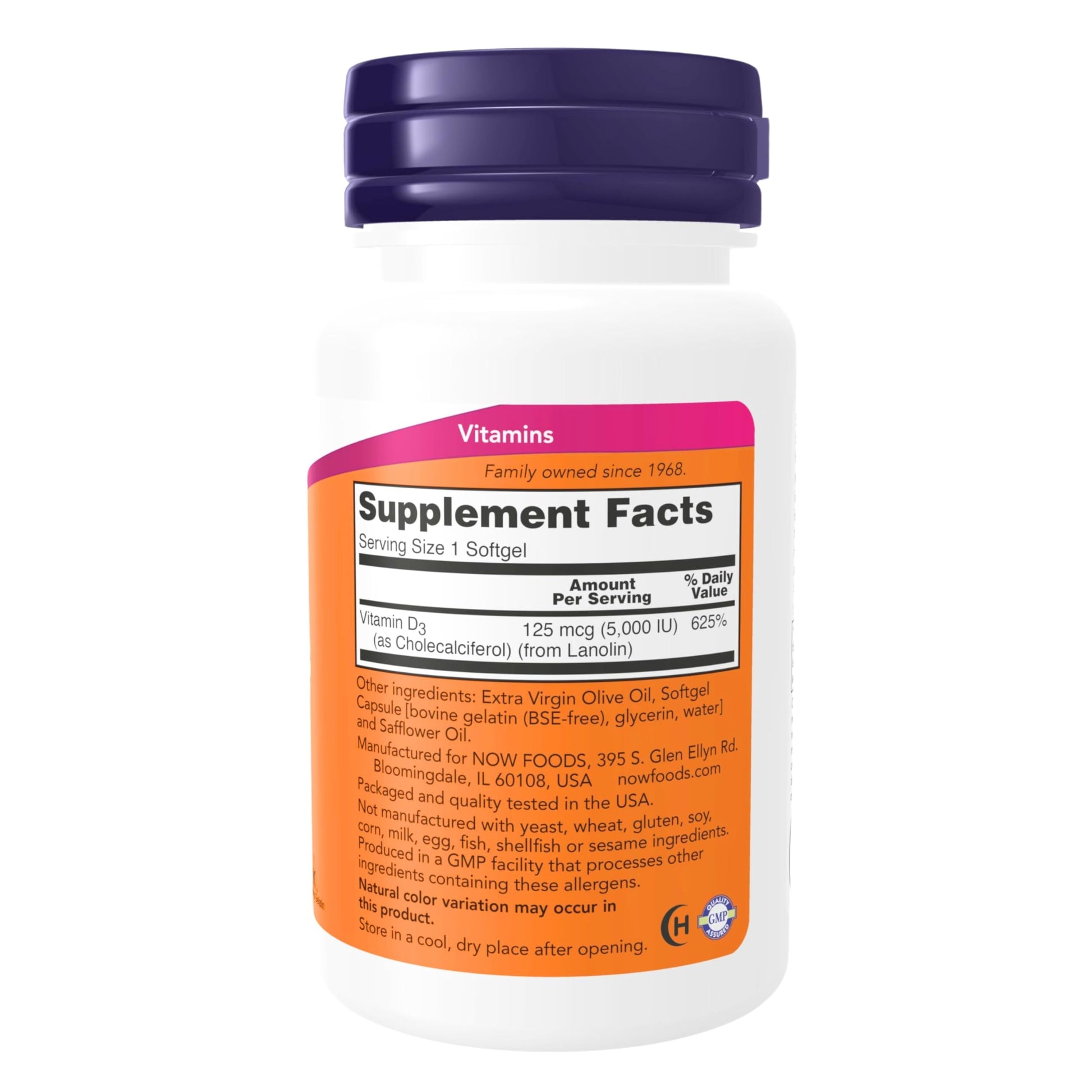 Frasco de NOW suplemento de vitamina D-3 alta potencia