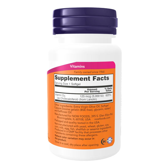 Frasco de NOW suplemento de vitamina D-3 alta potencia