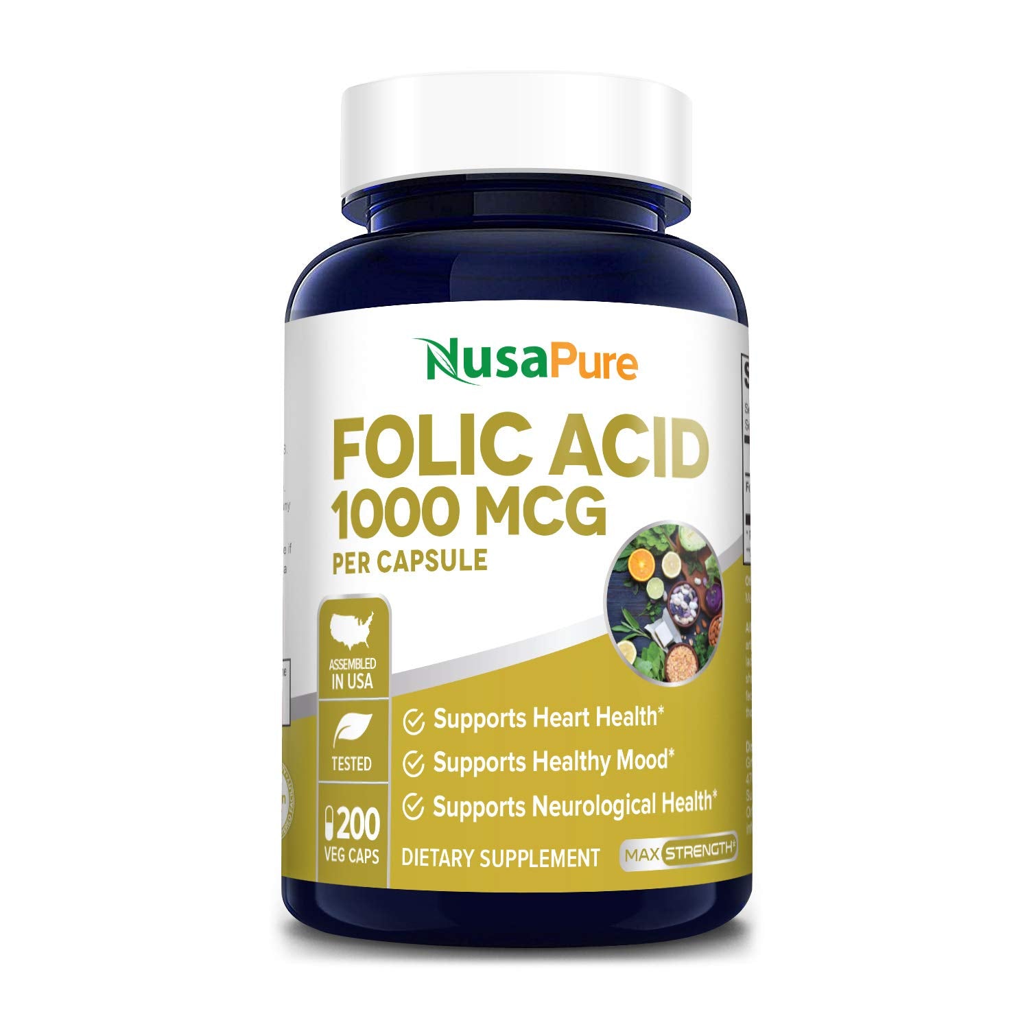 Frasco NusaPure ácido fólico 1000 mcg 200 cápsulas vegetarianas