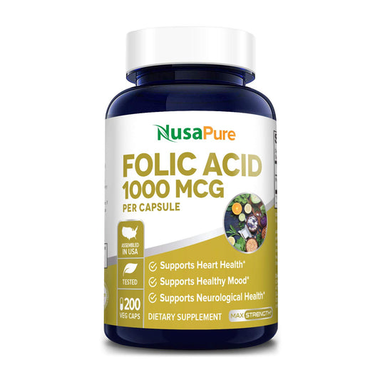 Frasco NusaPure ácido fólico 1000 mcg 200 cápsulas vegetarianas