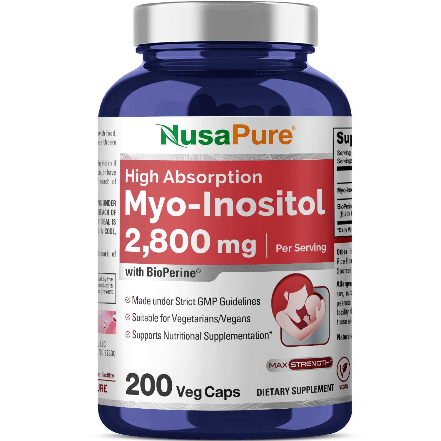 Frasco NusaPure Mio-Inositol 2800mg 200 cápsulas veganas