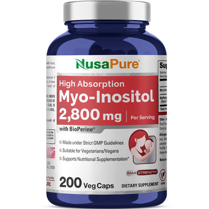 Frasco NusaPure Mio-Inositol 2800mg 200 cápsulas veganas