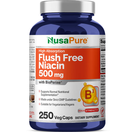 Frasco NusaPure Niacina 500mg 250 cápsulas veganas