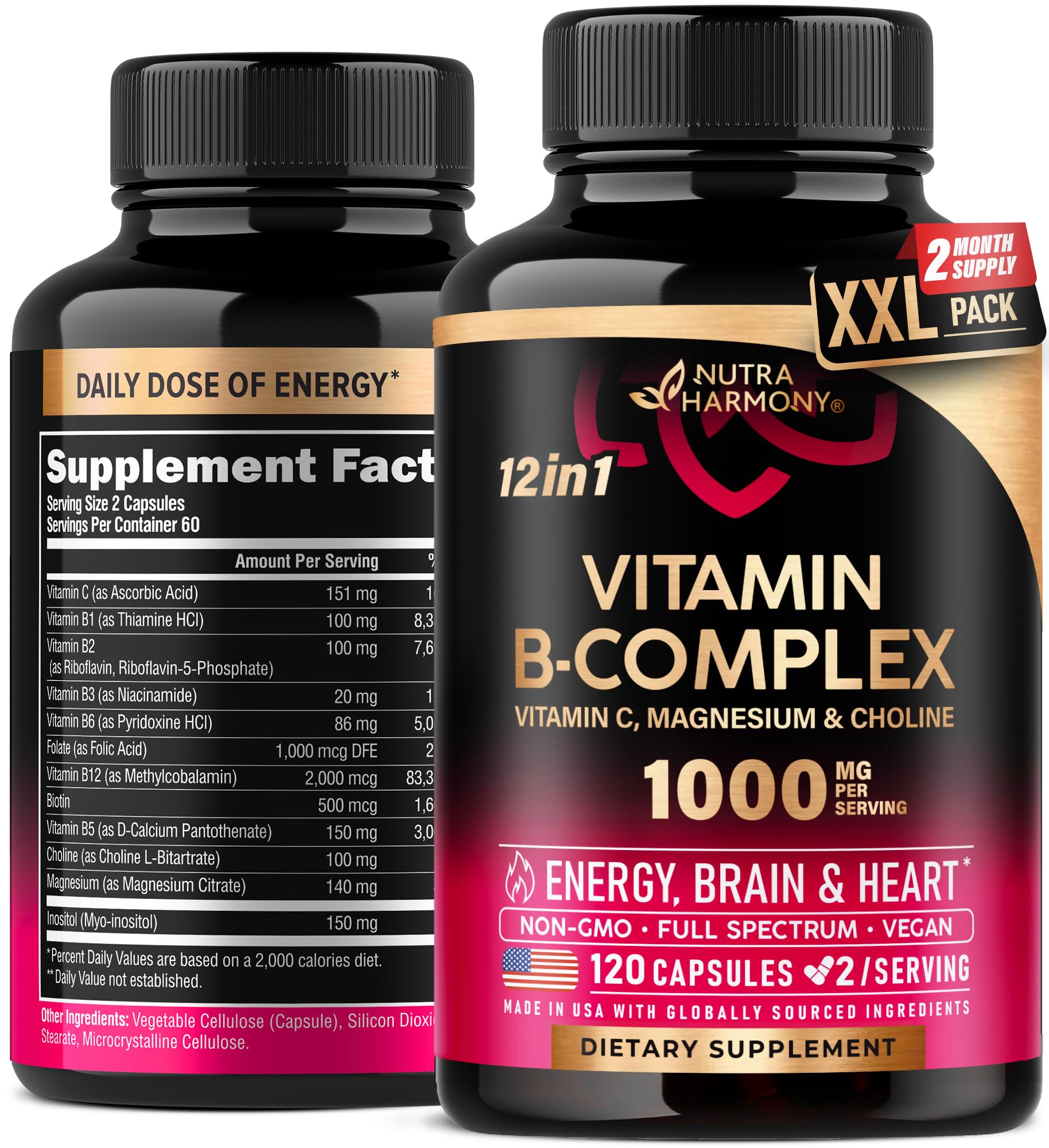 Frasco Nutraharmony complejo vitamina B 120 cápsulas veganas