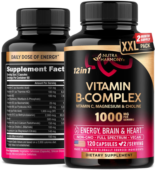 Frasco Nutraharmony complejo vitamina B 120 cápsulas veganas