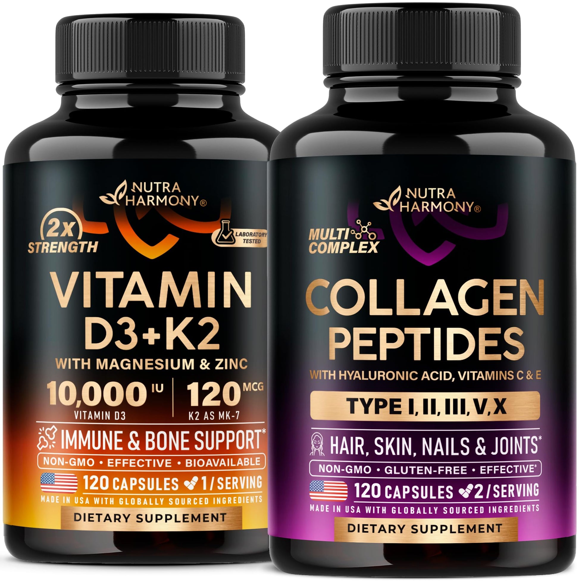 Frasco Nutraharmony vitamina D3 K2 y colágeno cápsulas